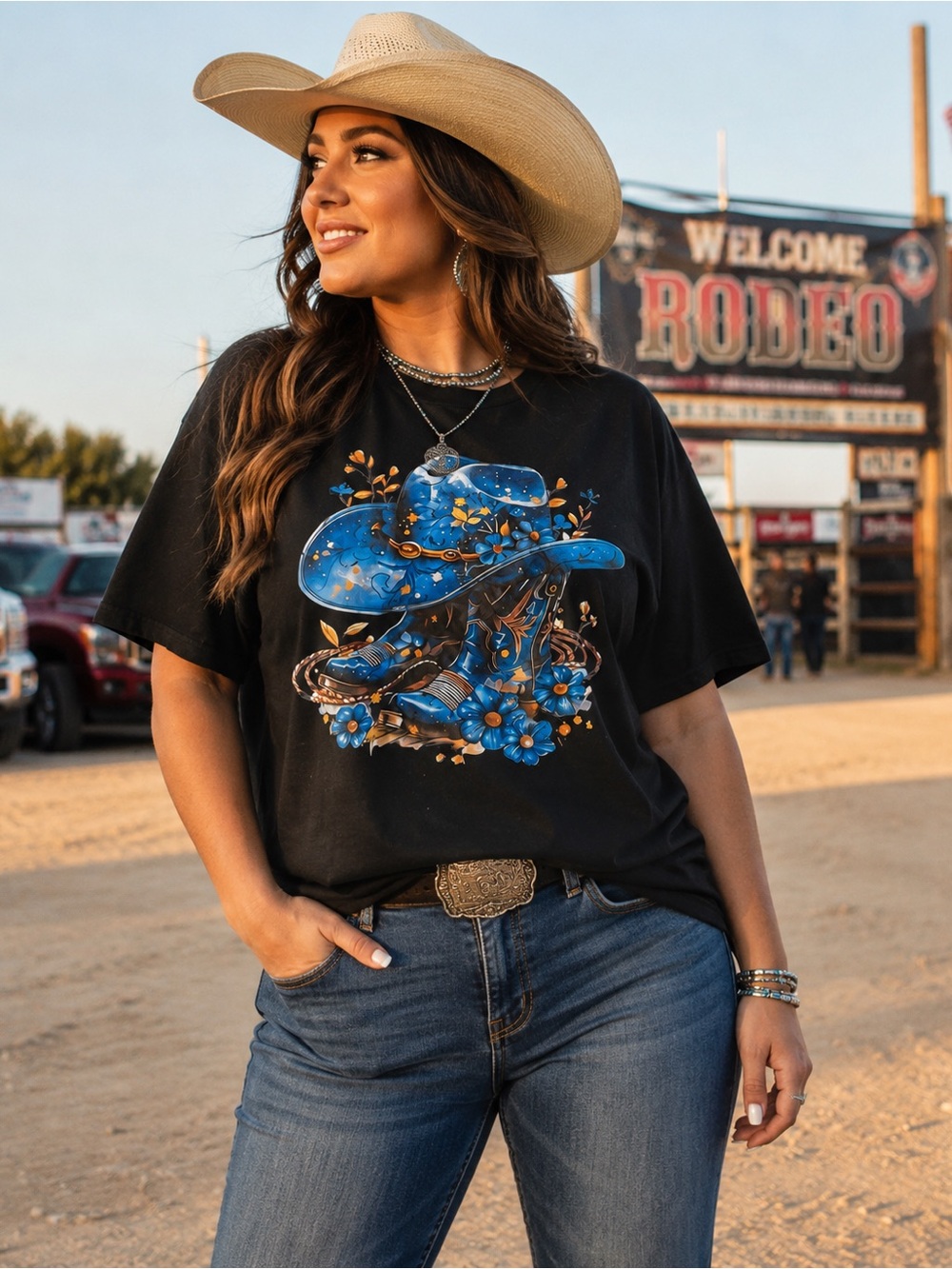 Zuni Sportswear Blue Floral Cowboy Hat Graphic T-Shirt 4XL Black Western Rodeo